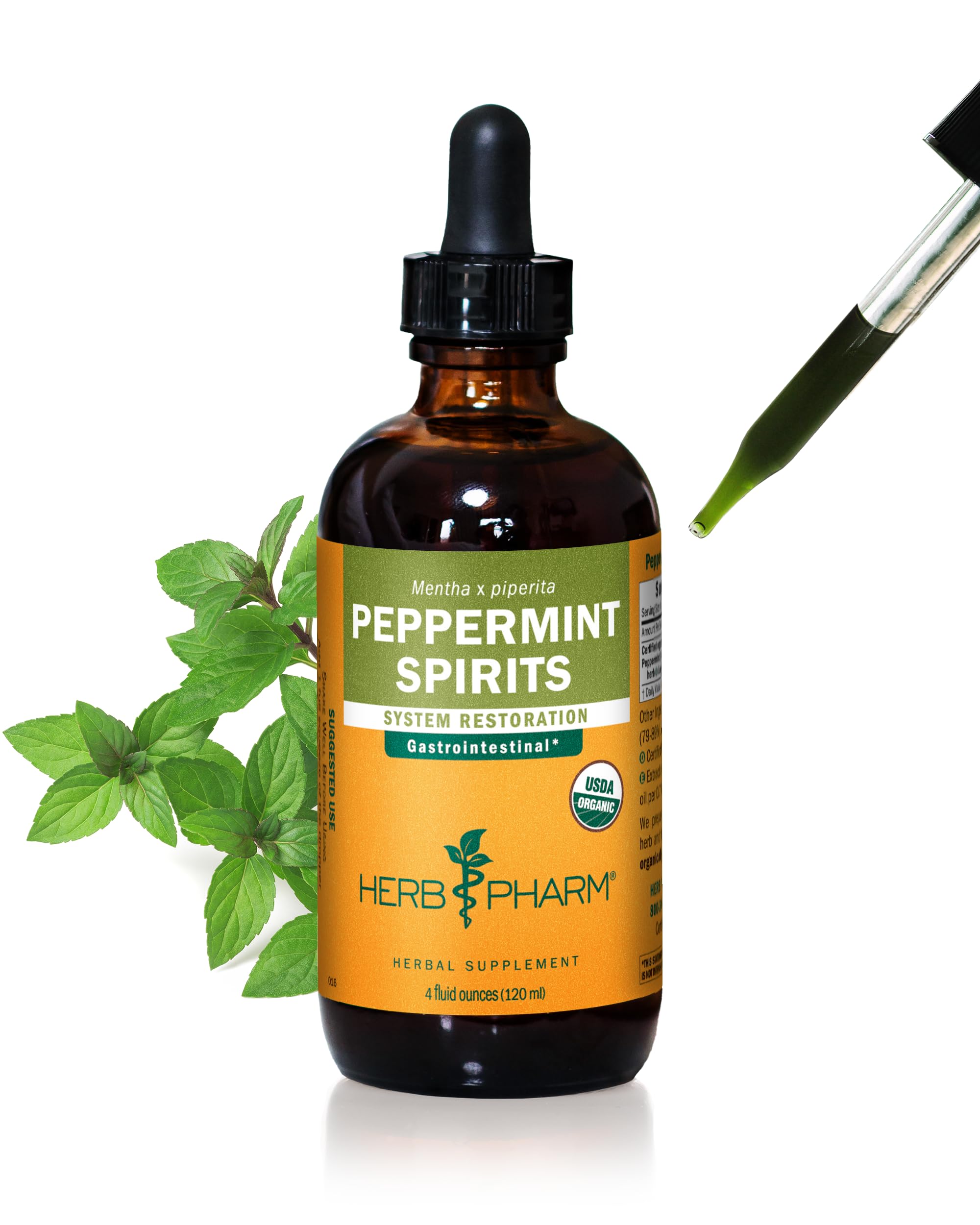 Herb Pharm Peppermint Spirits bottle shows organic digestive support.