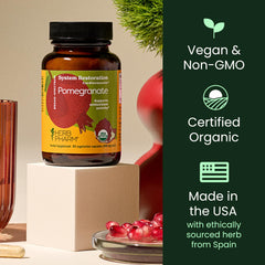 Mediterranean origin note on label highlighting certified organic pomegranate