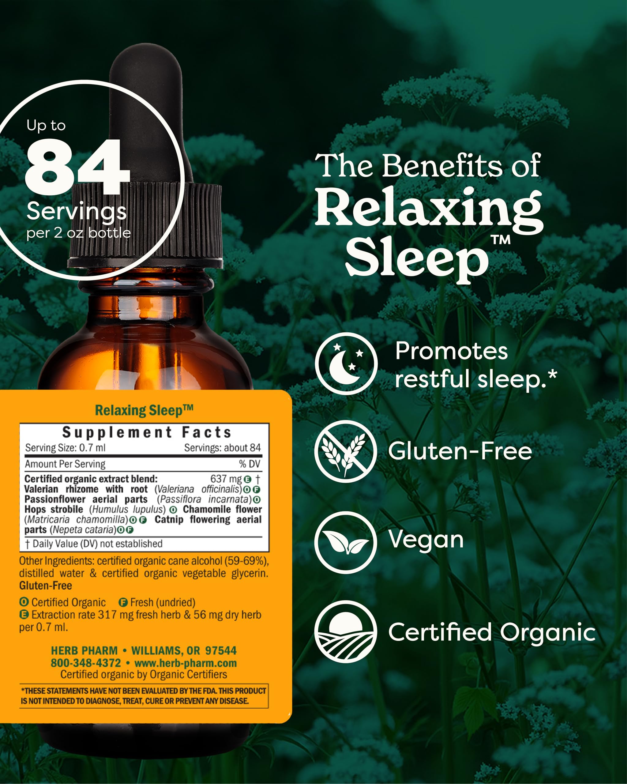 Pouring Herb Pharm Relaxing Sleep bottle to illustrate simple nightly use