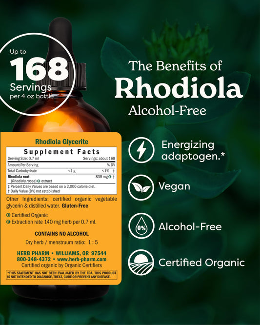 Herb Pharm Rhodiola bottle label close-up highlighting organic quality.