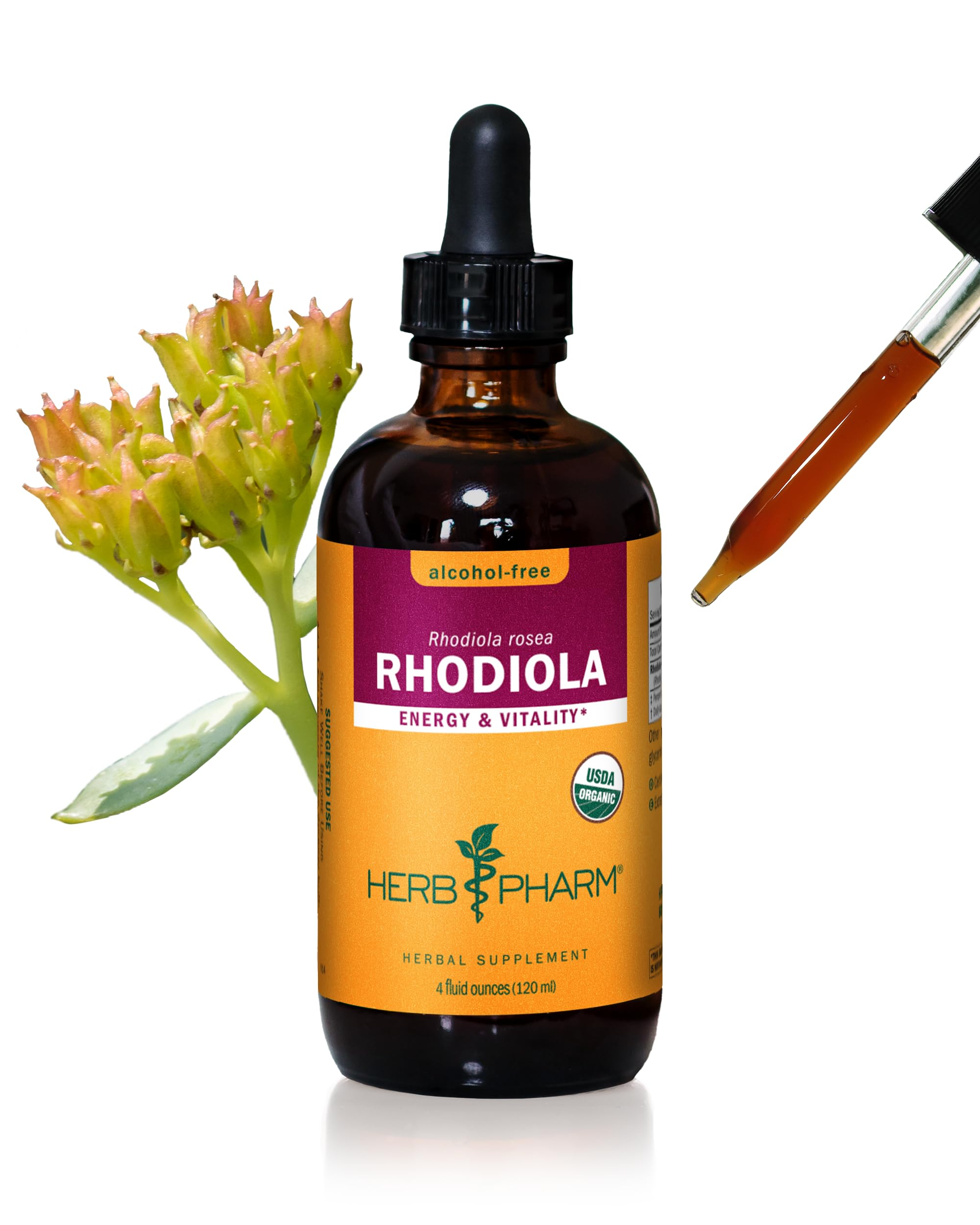 Herb Pharm Rhodiola bottle showcasing organic, alcohol-free extract.