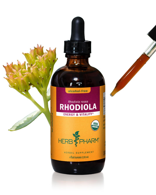 Herb Pharm Rhodiola bottle showcasing organic, alcohol-free extract.