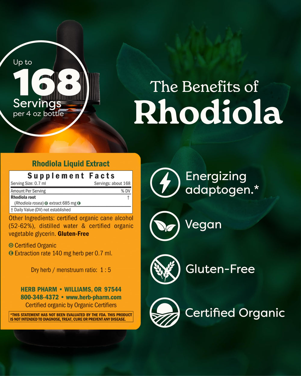 Label on Herb Pharm Rhodiola Root Extract highlights organic certification