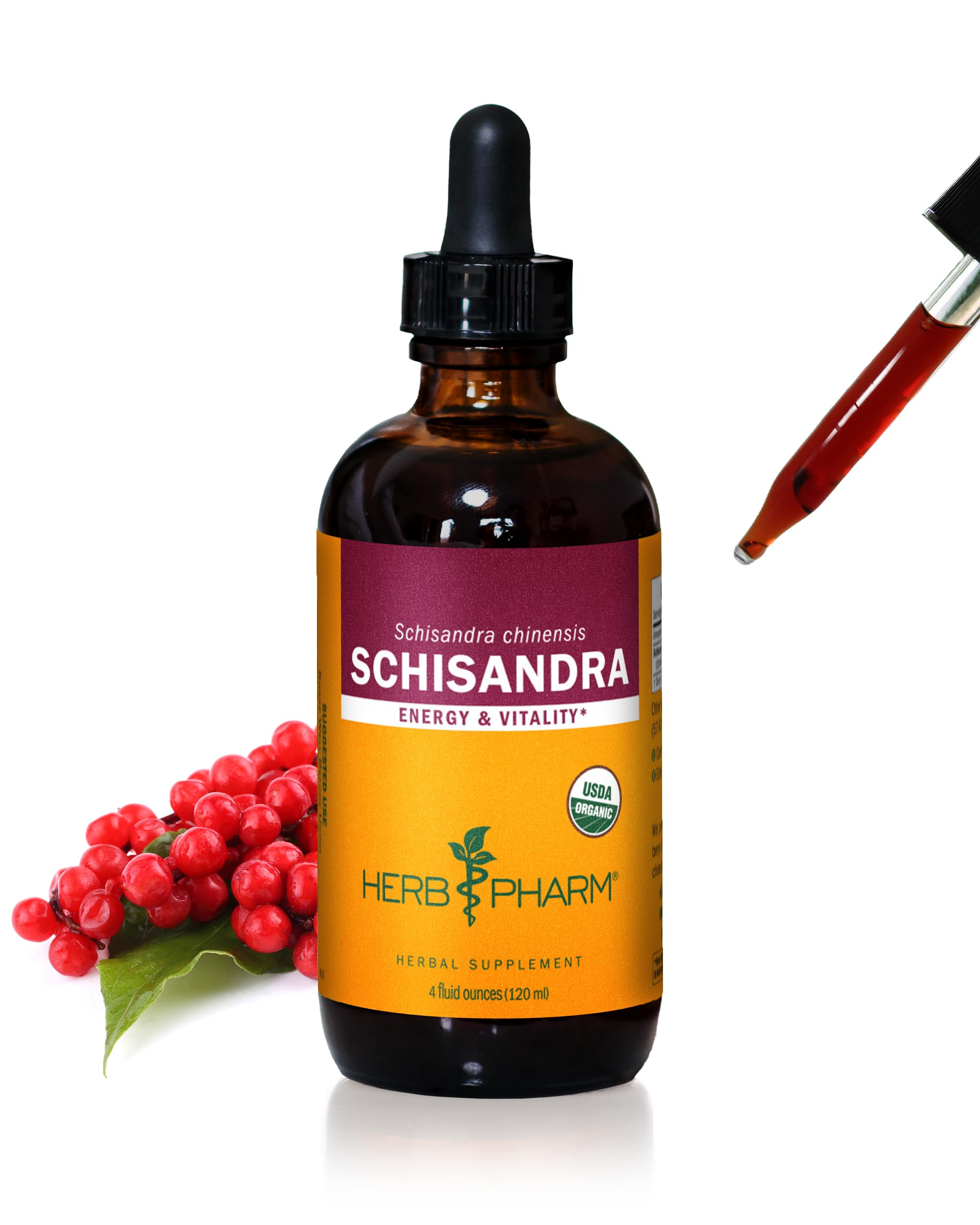 Herb Pharm Schisandra berry liquid extract bottle shows rich amber color for daily herbal support.