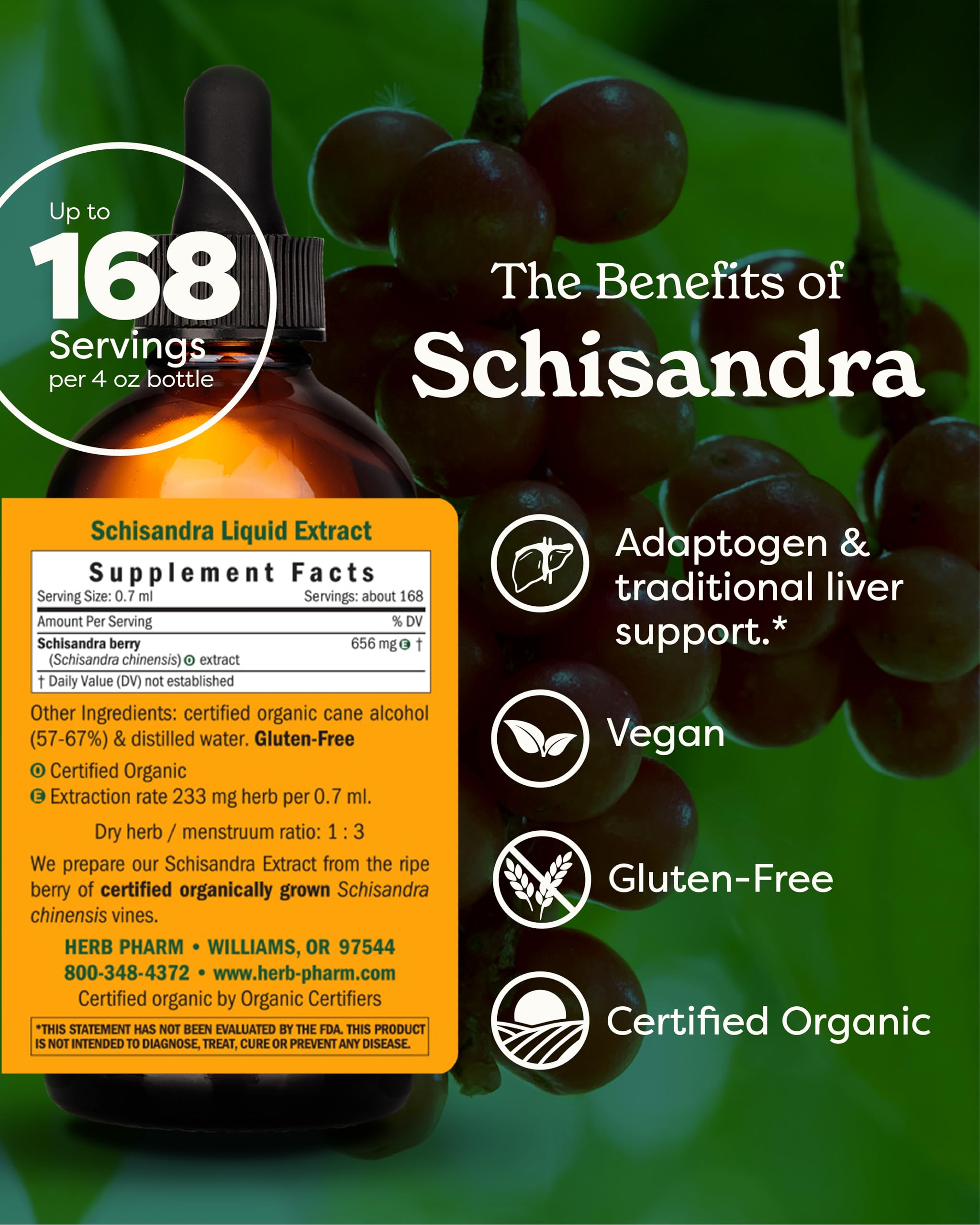 Herb Pharm Schisandra berry liquid extract pour highlights easy dosing and quick absorption.