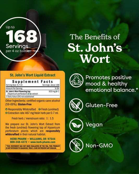 Herb Pharm St. John's Wort extract being poured for easy daily dosing.