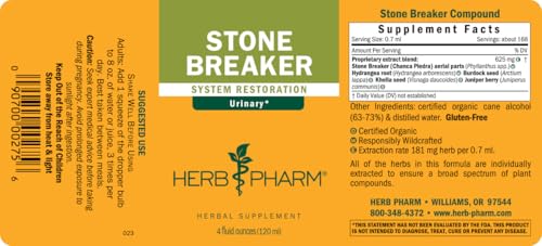 Herb Pharm Stone Breaker label and glass bottle in natural light.