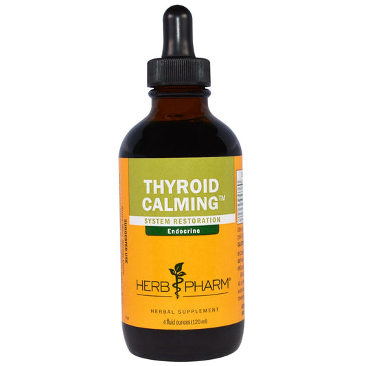 Herb Pharm Thyroid Calming bottle label highlights Motherwort and Bugleweed for endocrine support.