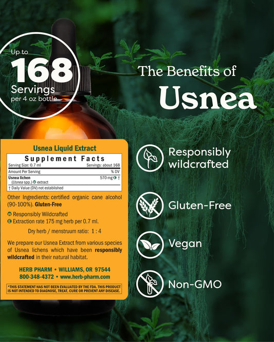 Herb Pharm Usnea liquid extract label close-up showing double-extraction process