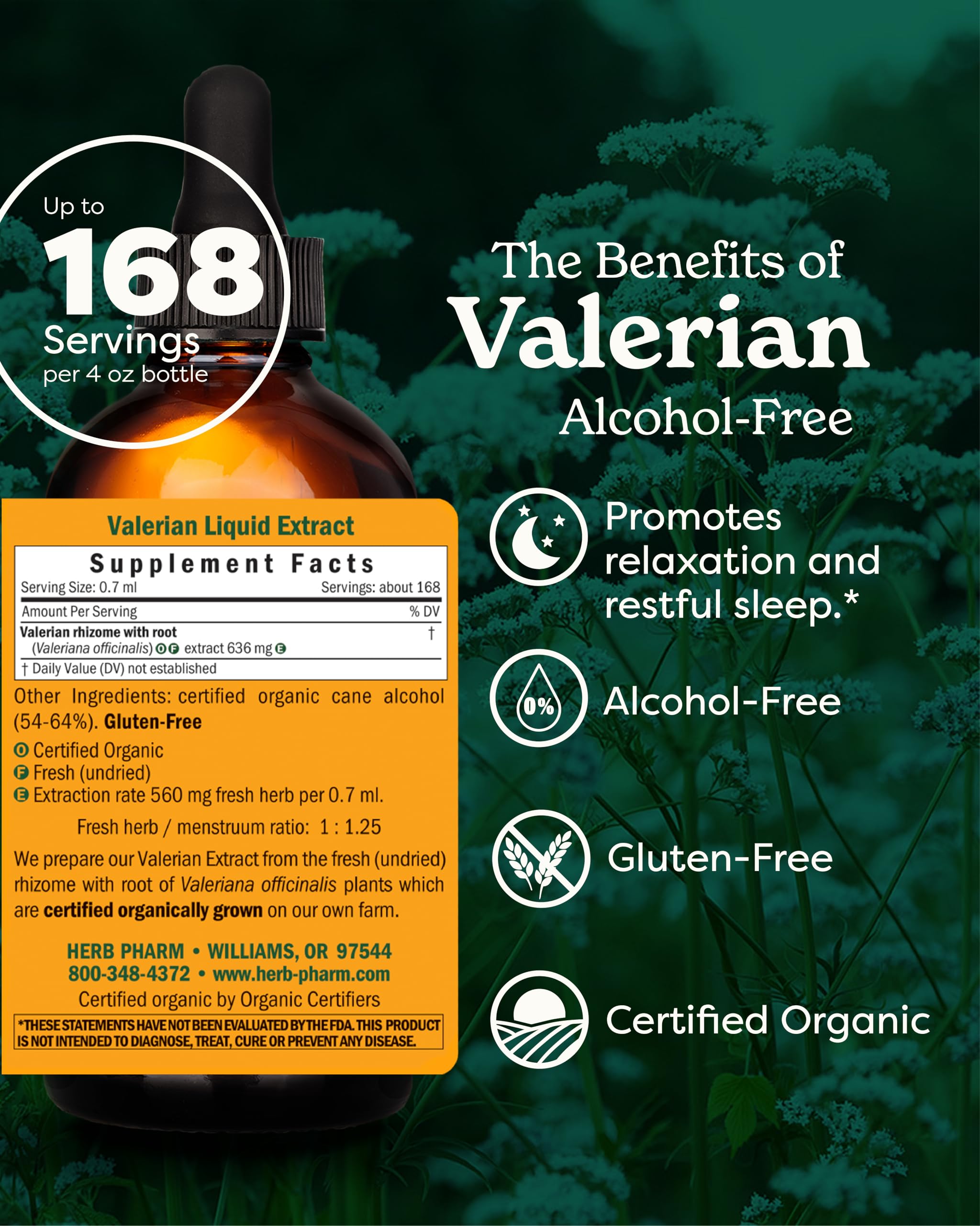 Herb Pharm Valerian Root Liquid Extract dropper releasing tincture into water for easy ingestion.