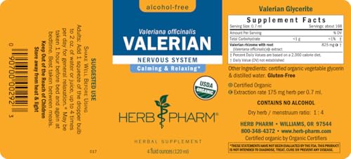 Herb Pharm Valerian Root Liquid Extract on a store shelf for mindful shopping.