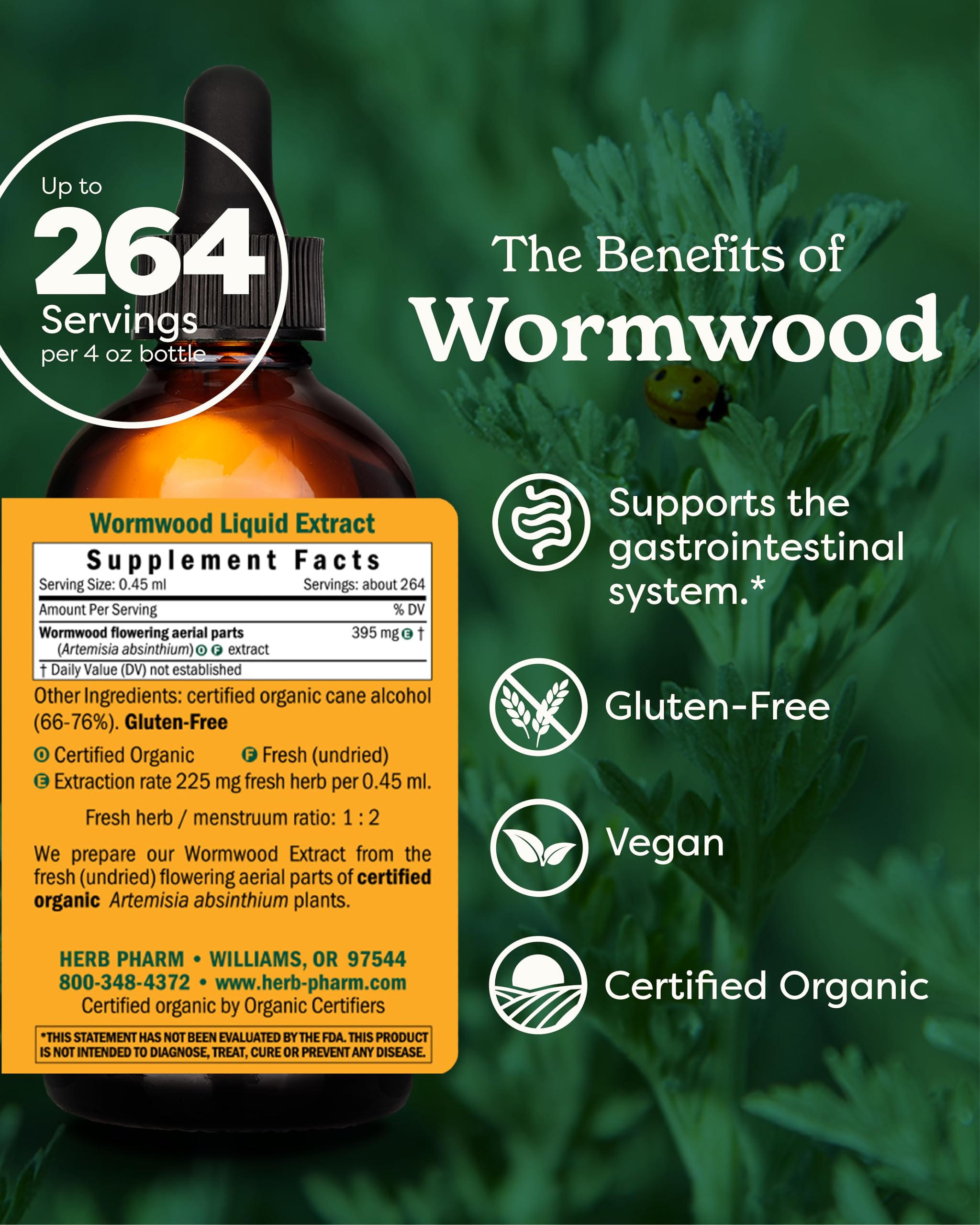 Herb Pharm Wormwood liquid extract bottle closeup shows Organic label and quality.