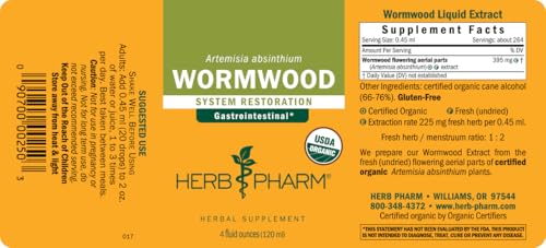 Herb Pharm Wormwood liquid-extract label-artwork emphasizes Organic certification.