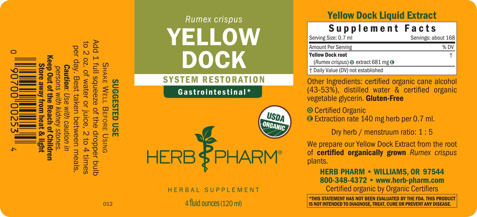 Herb Pharm Yellow Dock gluten-free and non-GMO certification icon.