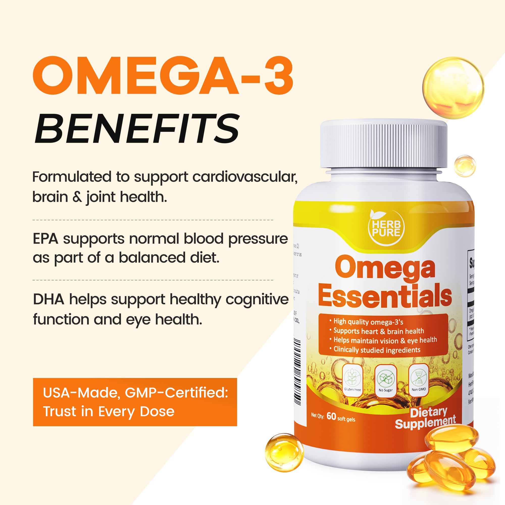 HERB PURE Omega-3 softgel closeup of capsules with EPA and DHA