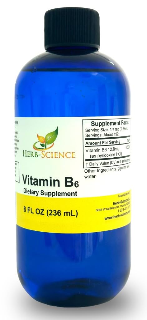 Herb-Science B6 drops label shows vegan, non-GMO, alcohol-free formula