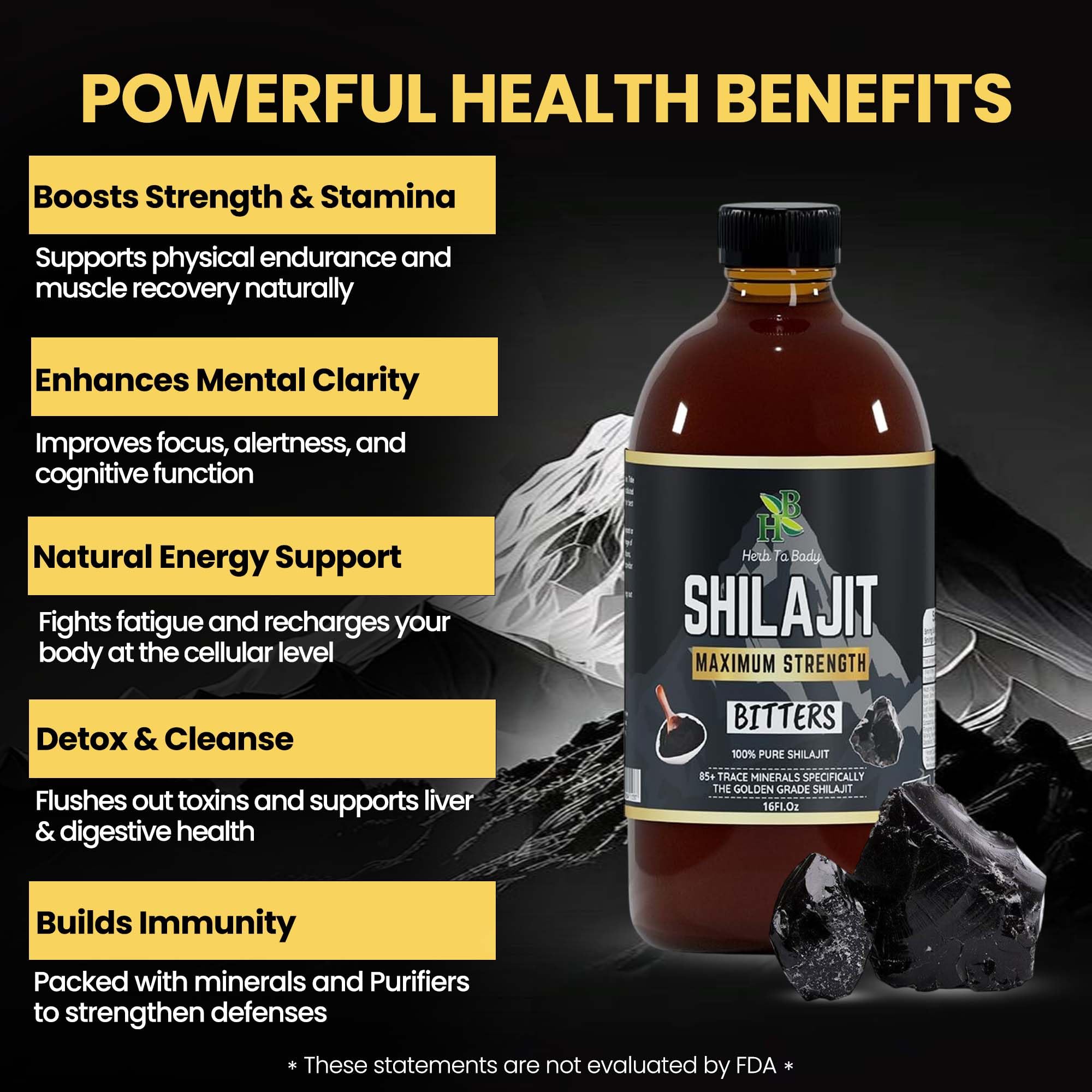 Herb To Body Gold-grade Shilajit dark bottle signaling premium formula.