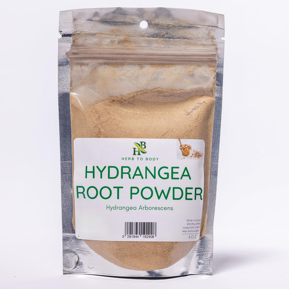 Herb To Body Hydrangea Root Powder bottle with powder texture for daily herbal use.