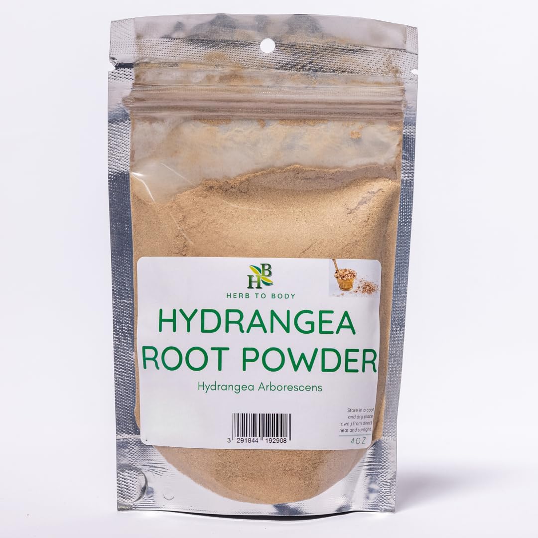 Herb To Body Hydrangea Root Powder bottle with powder texture for daily herbal use.