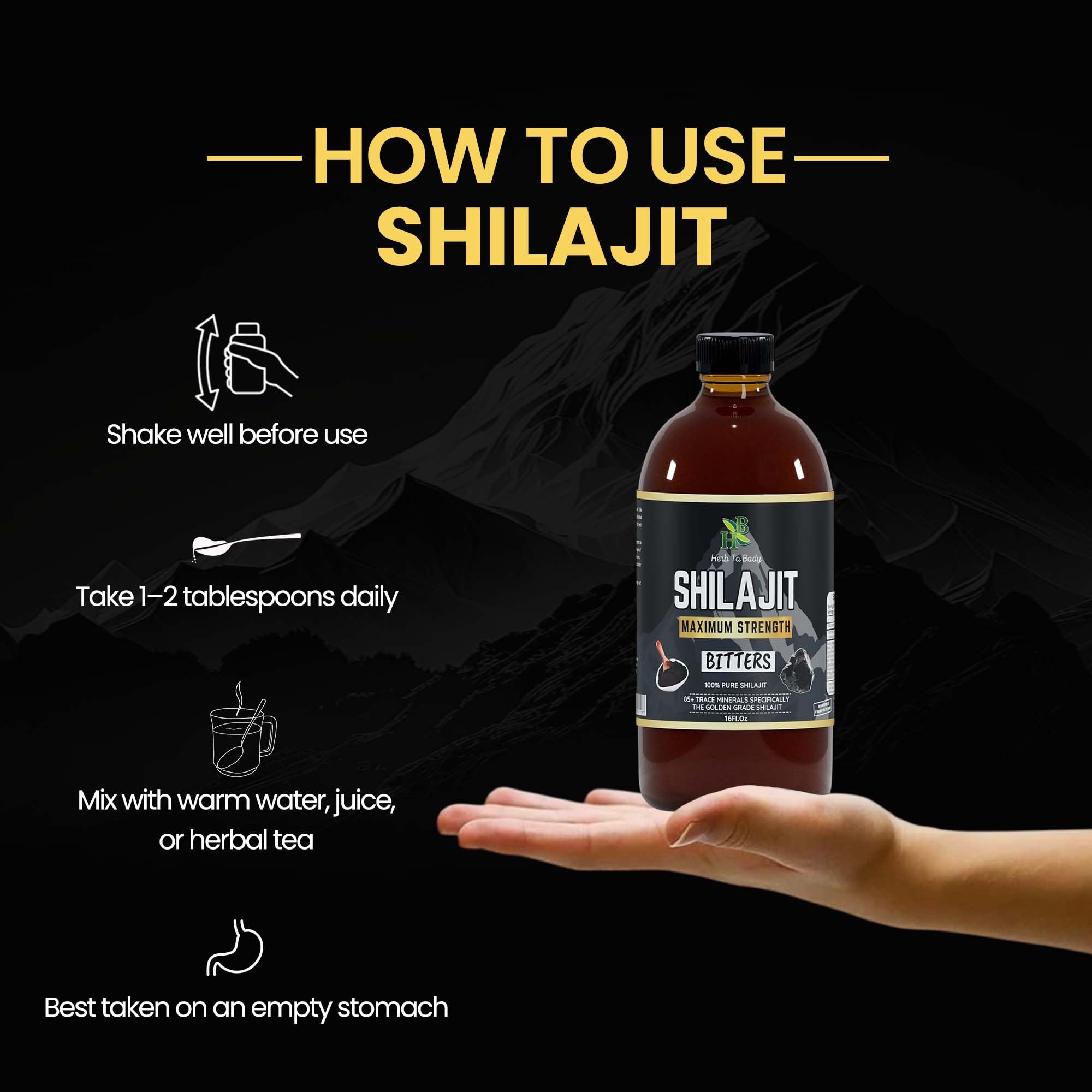 Herb To Body Shilajit Bitter dropper for precise dosing.