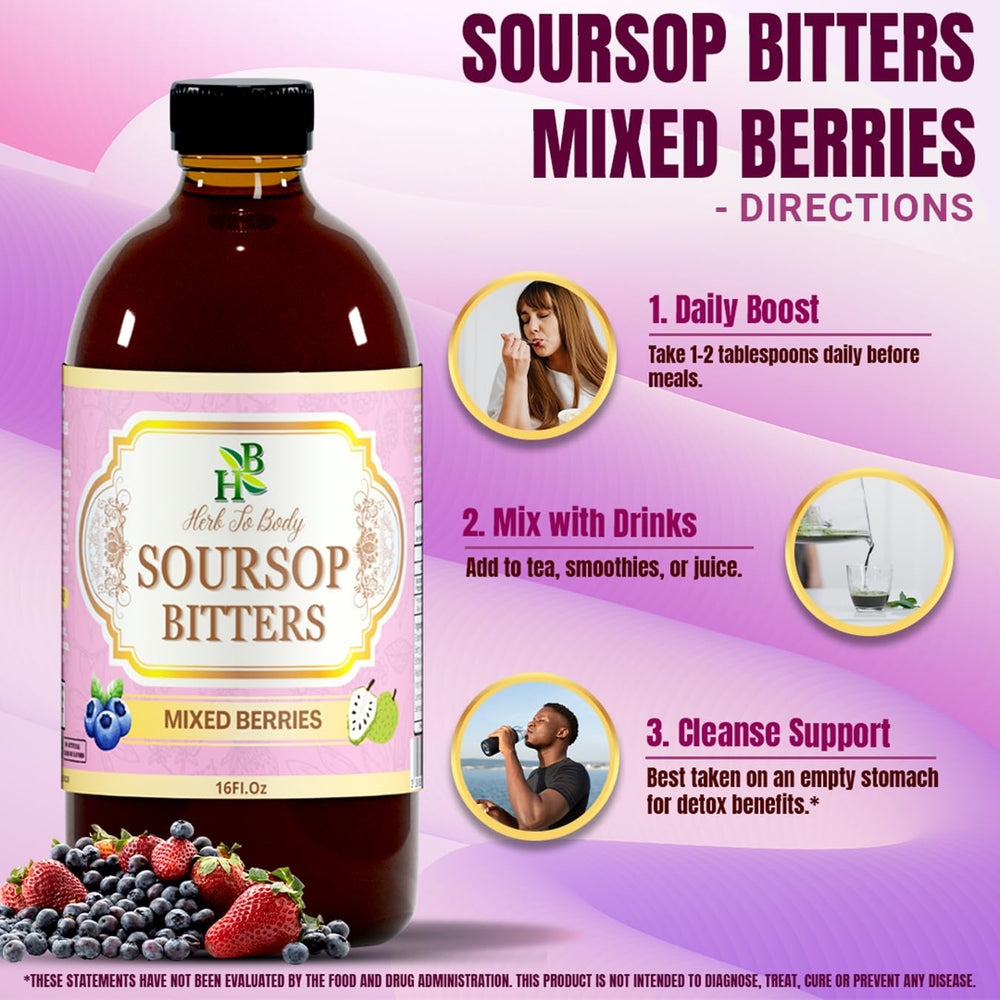 Herb To Body Soursop Bitter Liquid label closeup, wildcrafted leaves showcased for quality