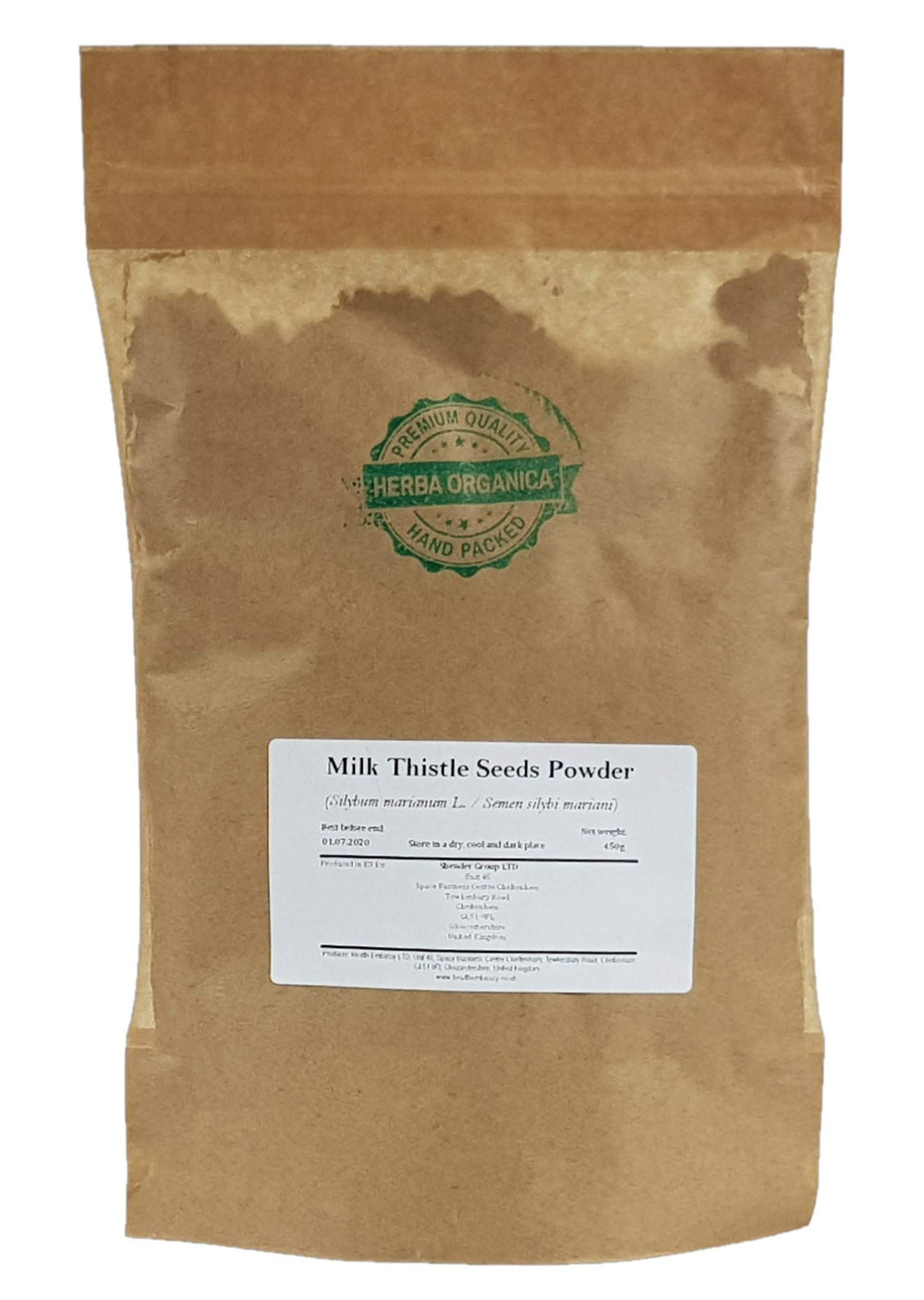 Herba Organica Milk Thistle Seeds Powder packaging in a resealable pouch preserves freshness.