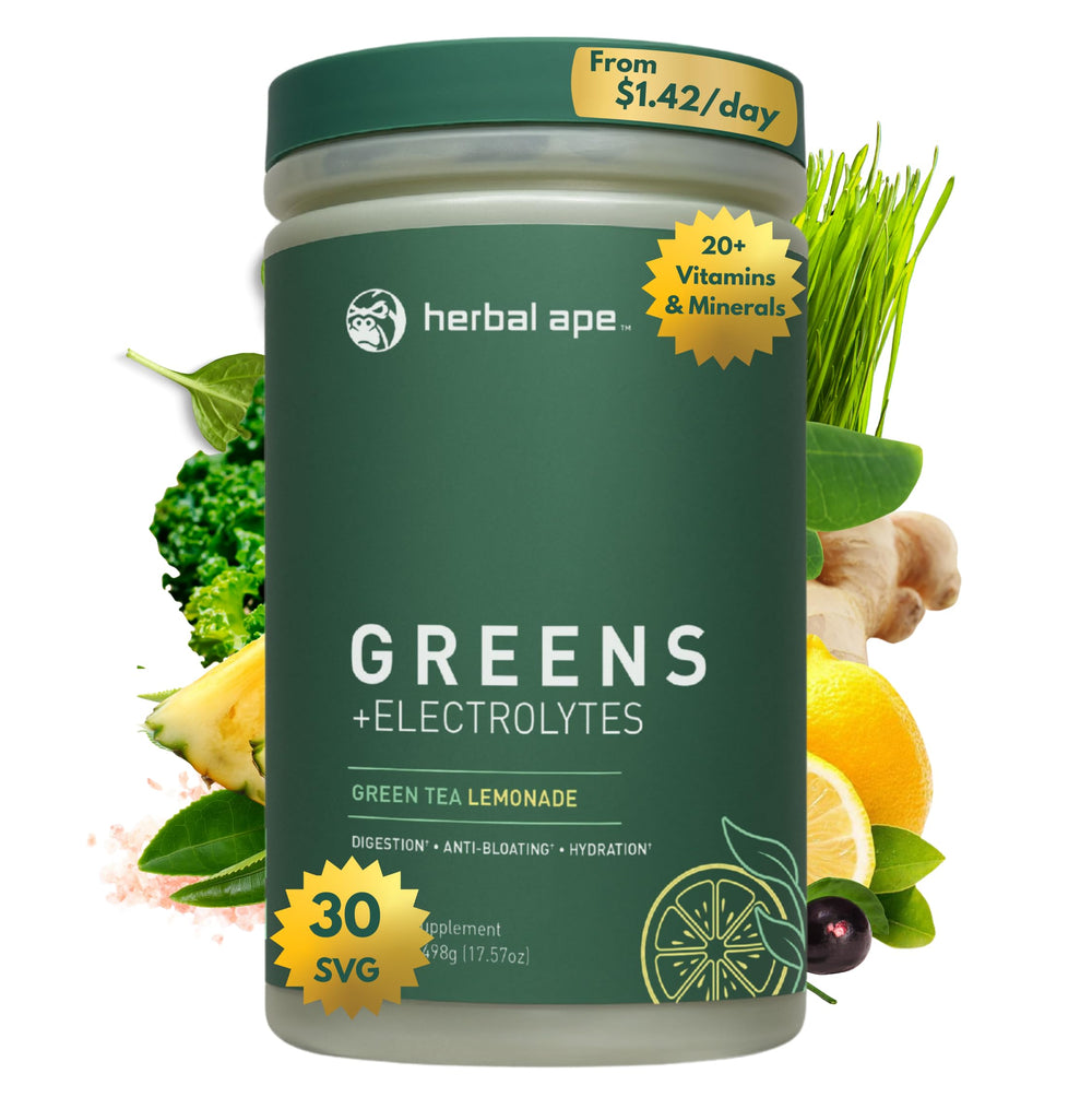 Herbal Ape Daily Greens bottle pour for convenient hydration with electrolytes.