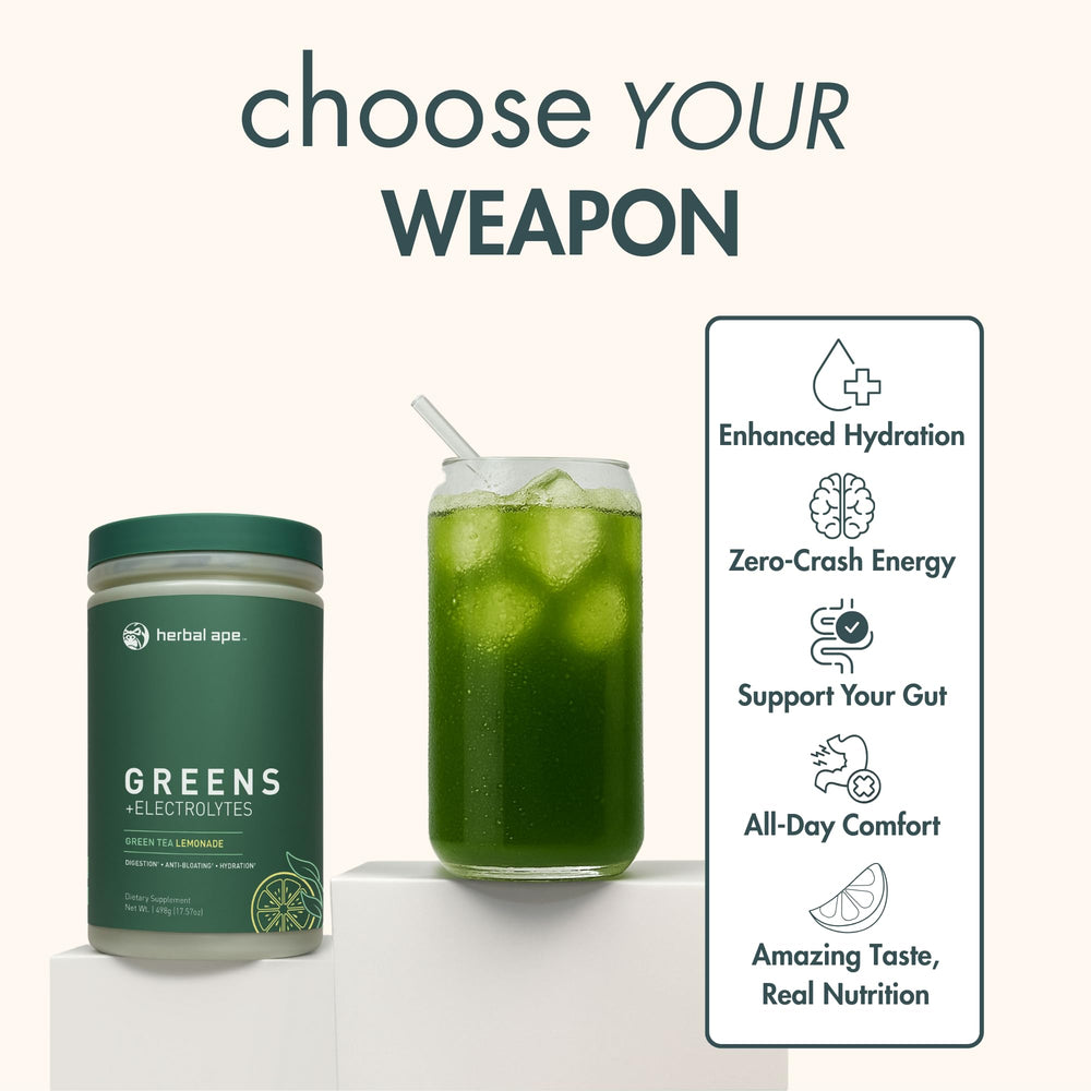 Herbal Ape Daily Greens dissolves easily in water for a smooth, sugar-free refresh.