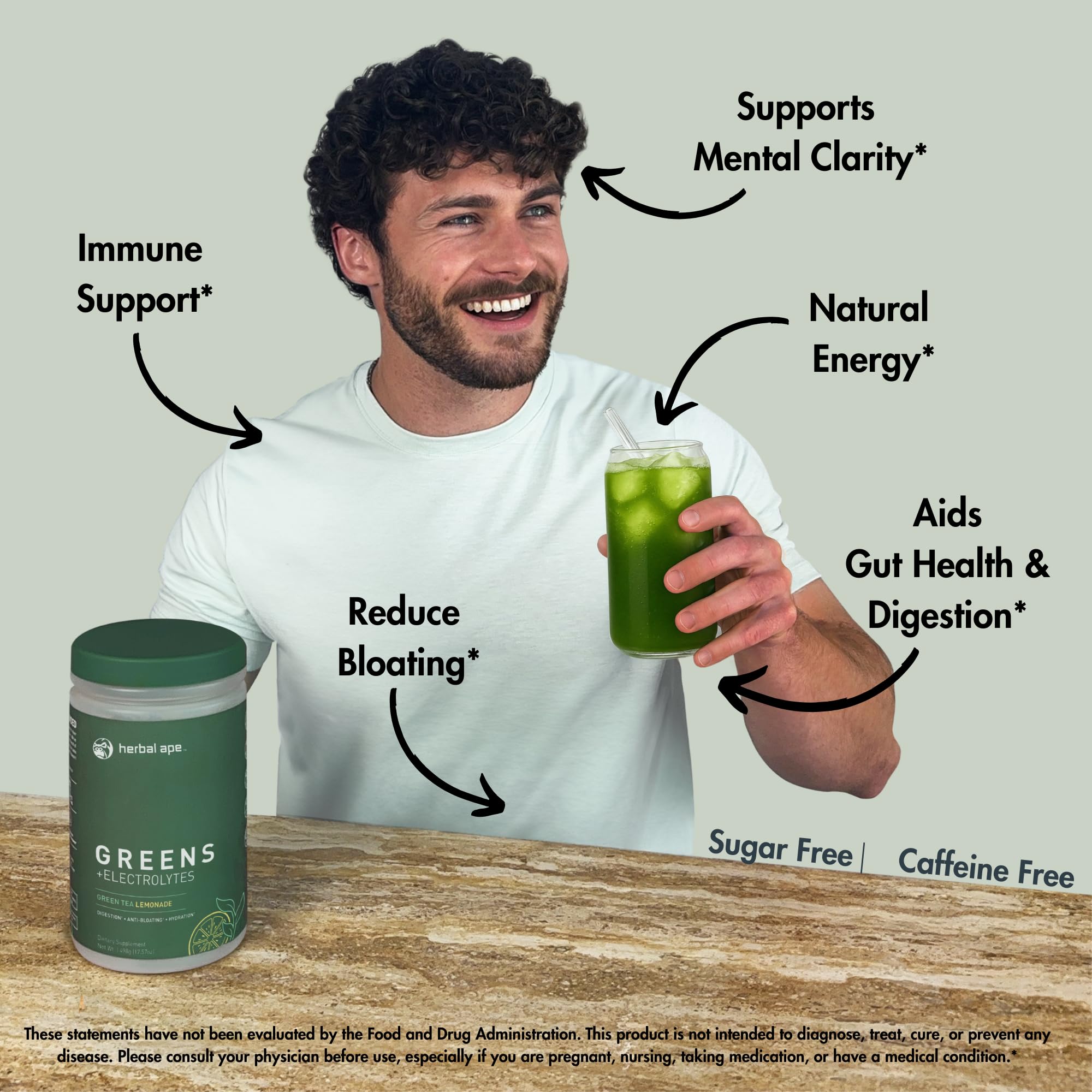 Herbal Ape Daily Greens glass with mix shows bright color and refreshing flavor.