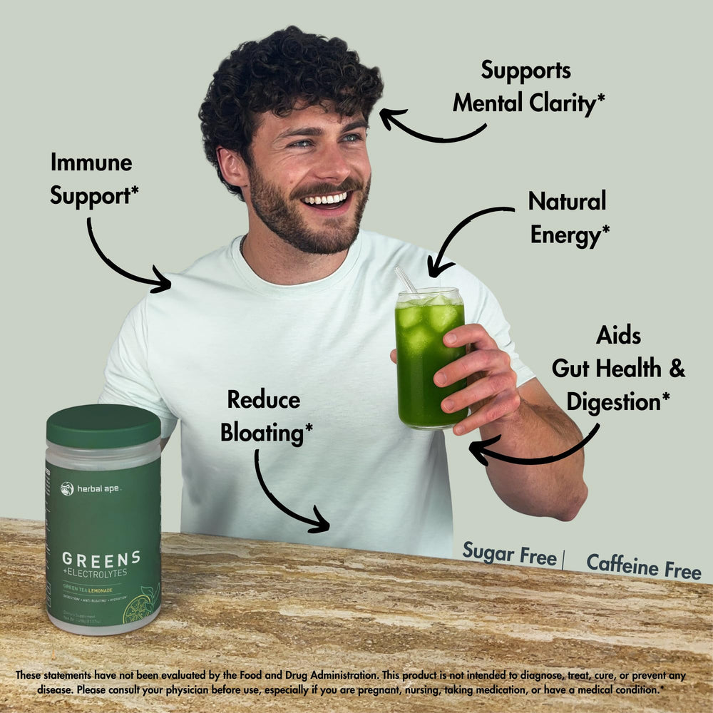 Herbal Ape Daily Greens glass with mix shows bright color and refreshing flavor.