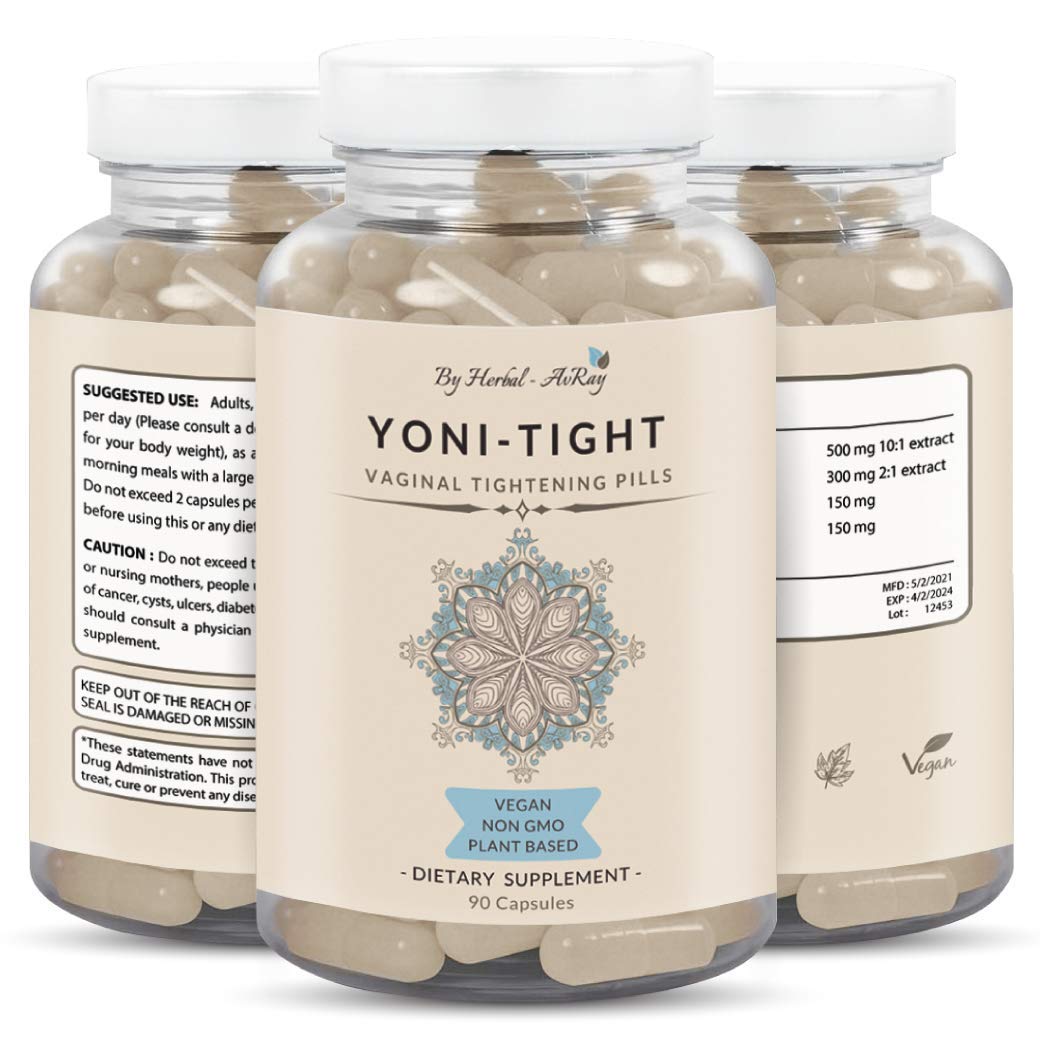 Herbal-avRay Yoni Tight bottle with 90 capsules for vaginal support.
