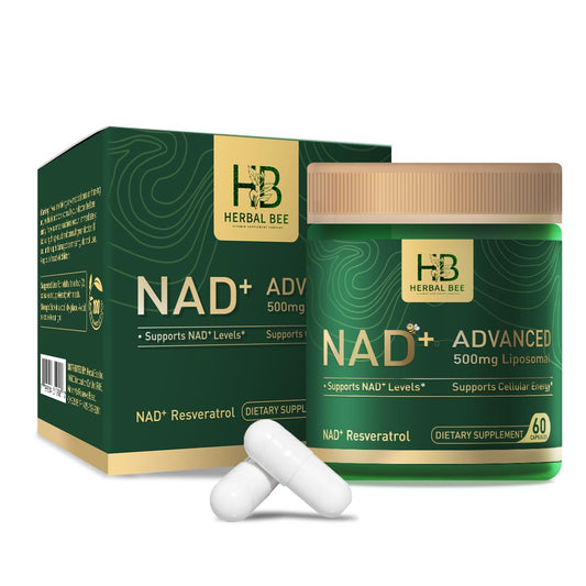 Herbal Bee Liposomal NAD bottle for convenient daily energy support.