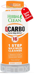 Herbal Clean Qcarbo16 orange bottle pour shows quick cleansing support for busy days.