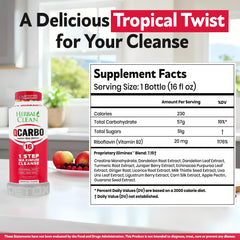 Herbal Clean Qcarbo16 tropical bottle being poured into a glass for quick cleansing