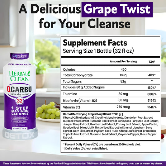 Herbal Clean Qcarbo32 bottle front highlights grape flavor and cleanse purpose.