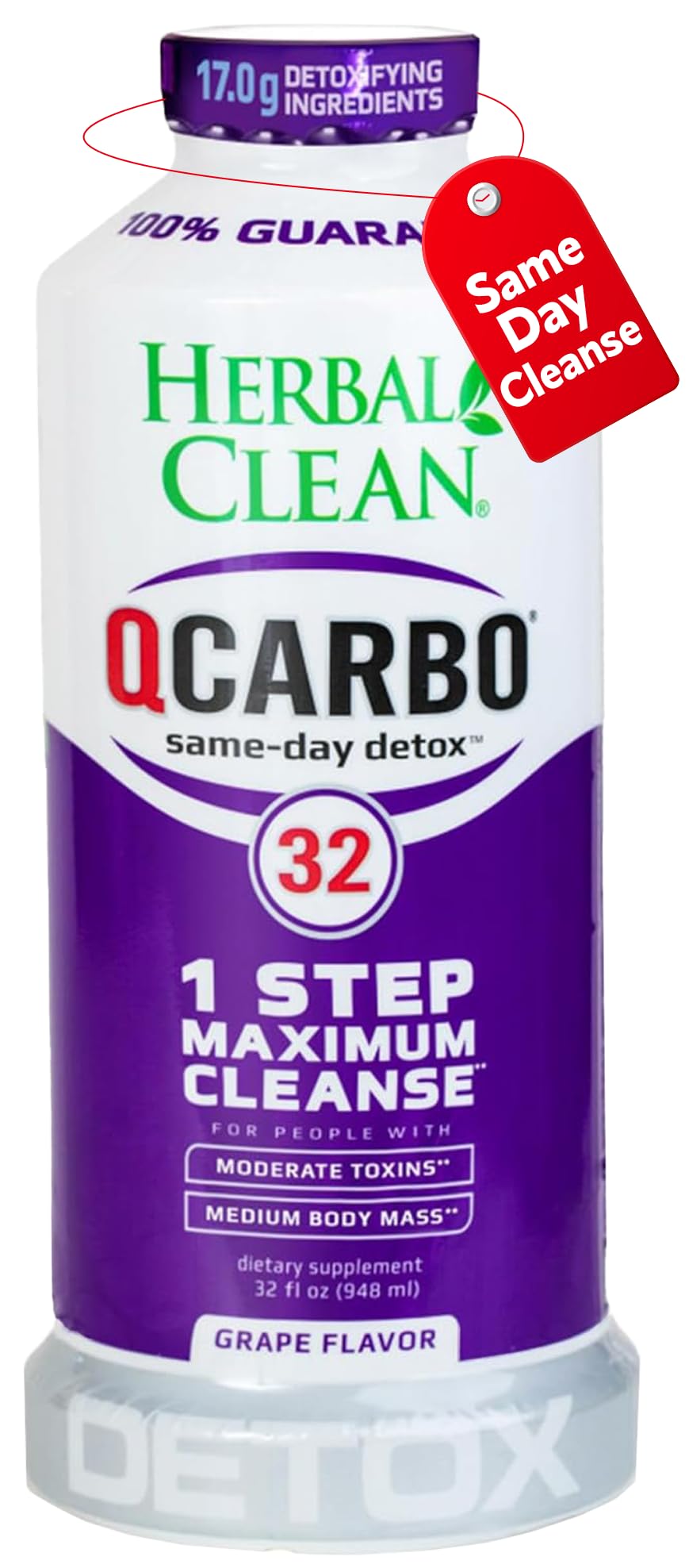 Herbal Clean Qcarbo32 bottle pour shows quick detox prep for a busy day.