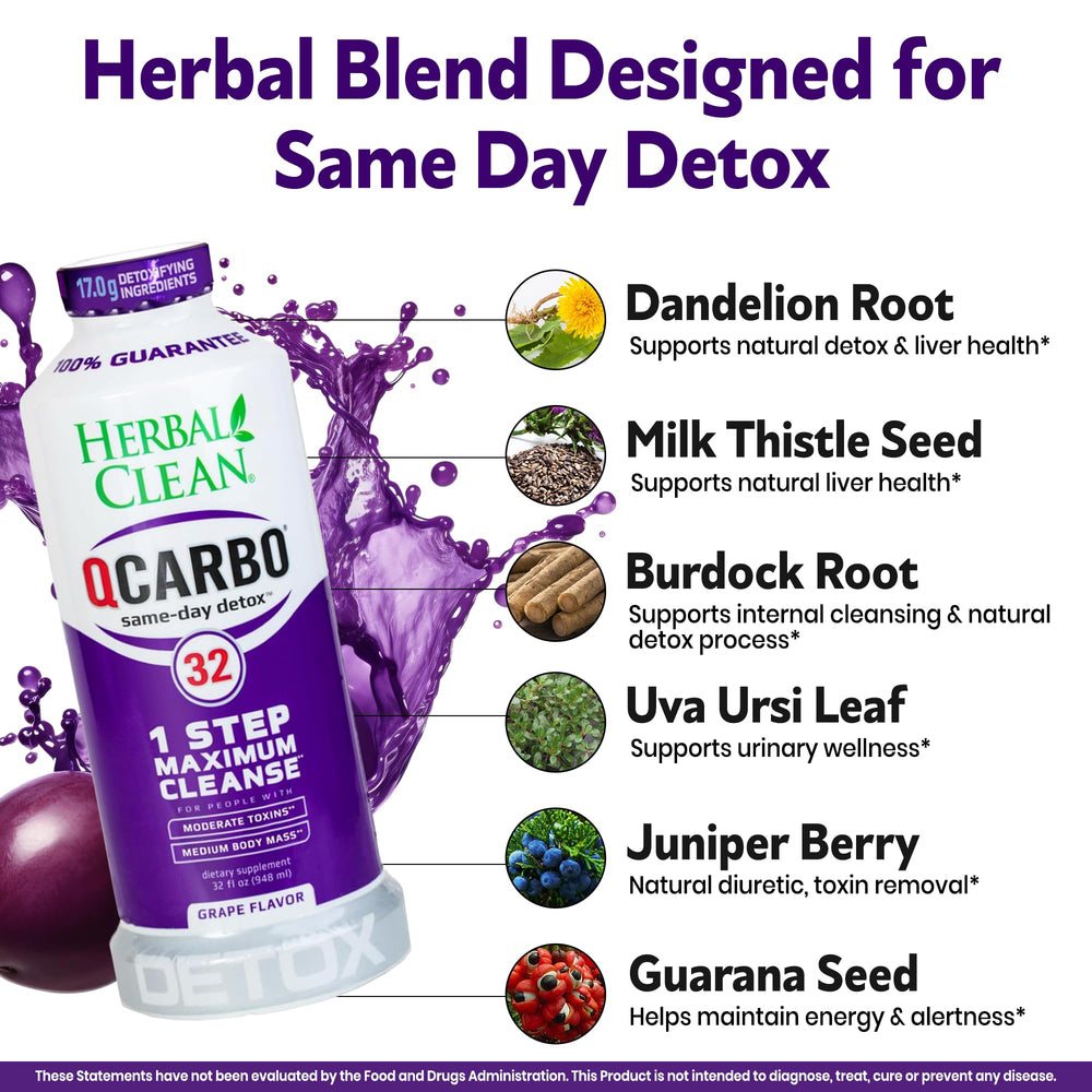 Herbal Clean Qcarbo32 glass with drink showcases ready-to-consume detox.