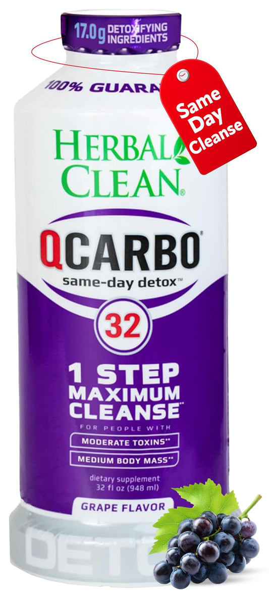 Herbal Clean Qcarbo32 grape bottle ready for a quick, one-day cleanse.