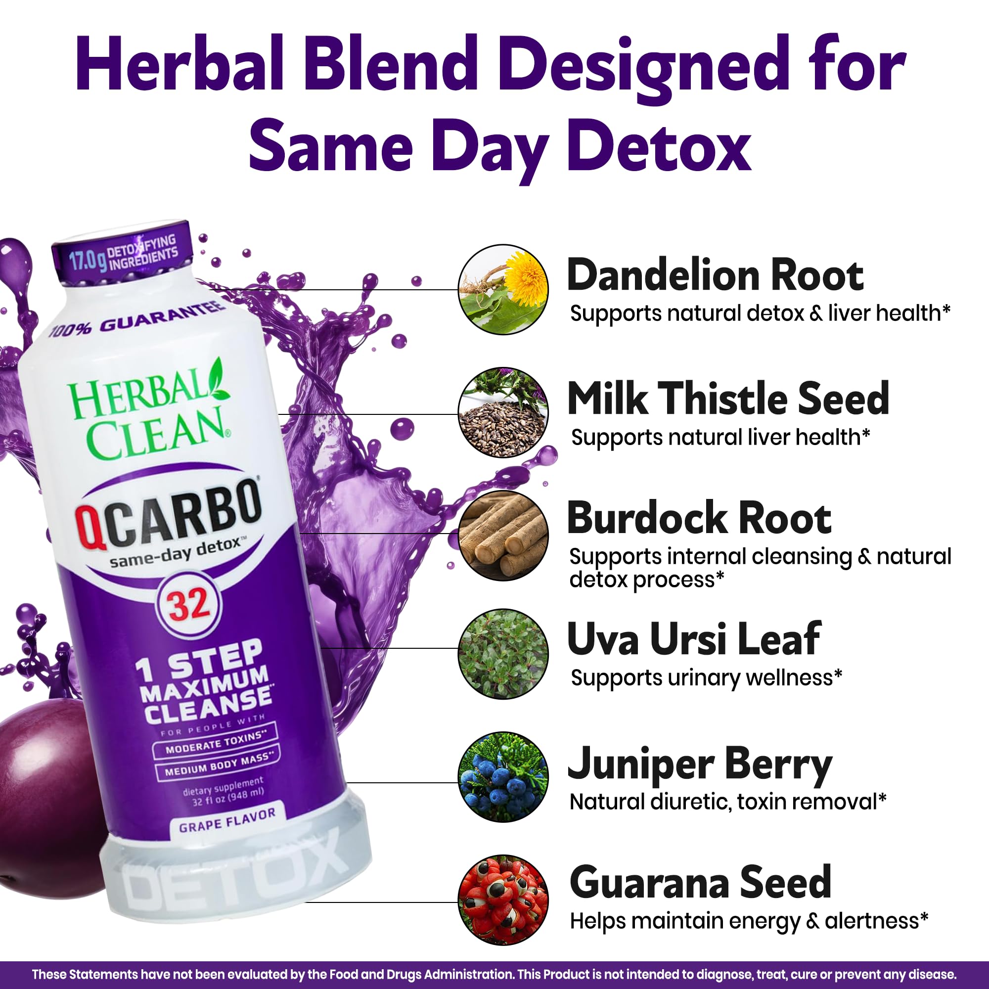 Herbal Clean Qcarbo32 bottle label close-up highlighting premium blend for balance.