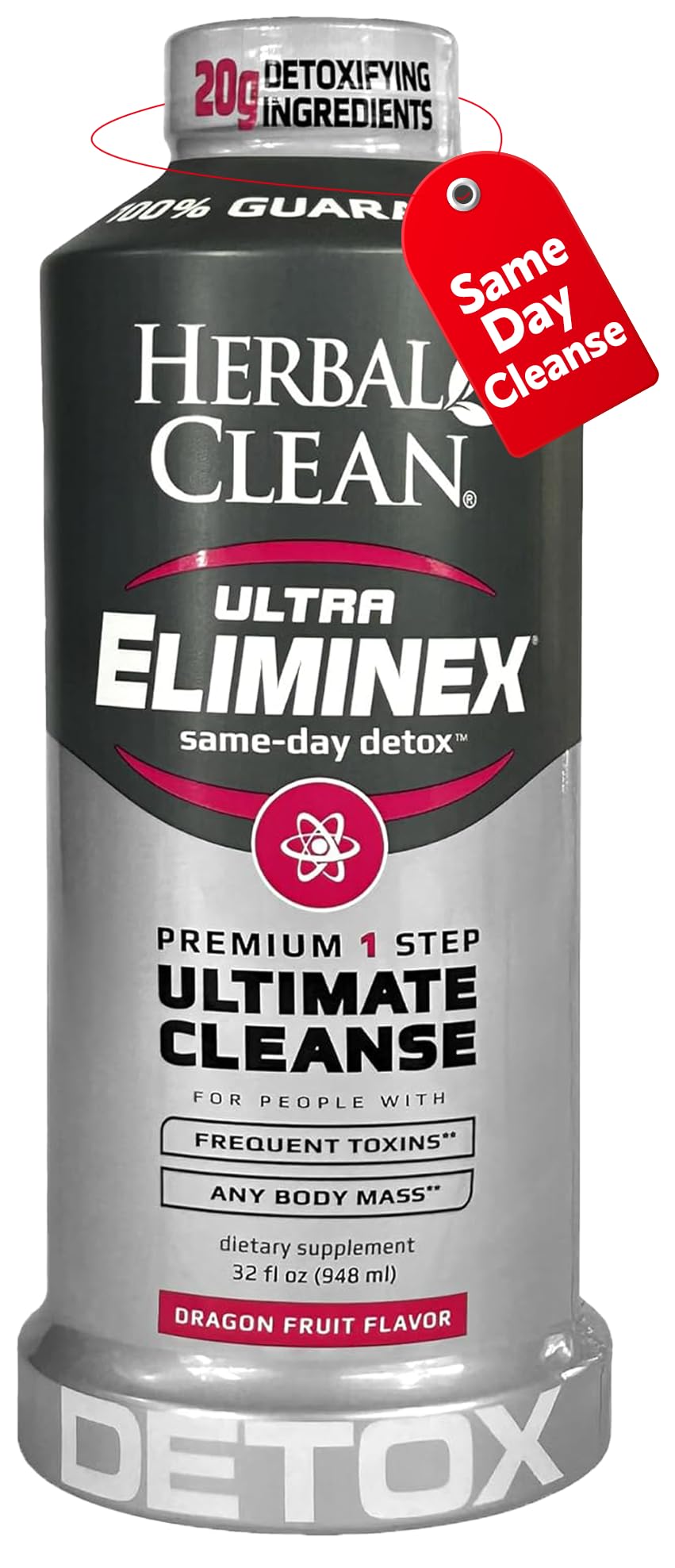 Herbal Clean Same Day Ultra Eliminex bottle pour shows dragon fruit flavor and cleansing potential.