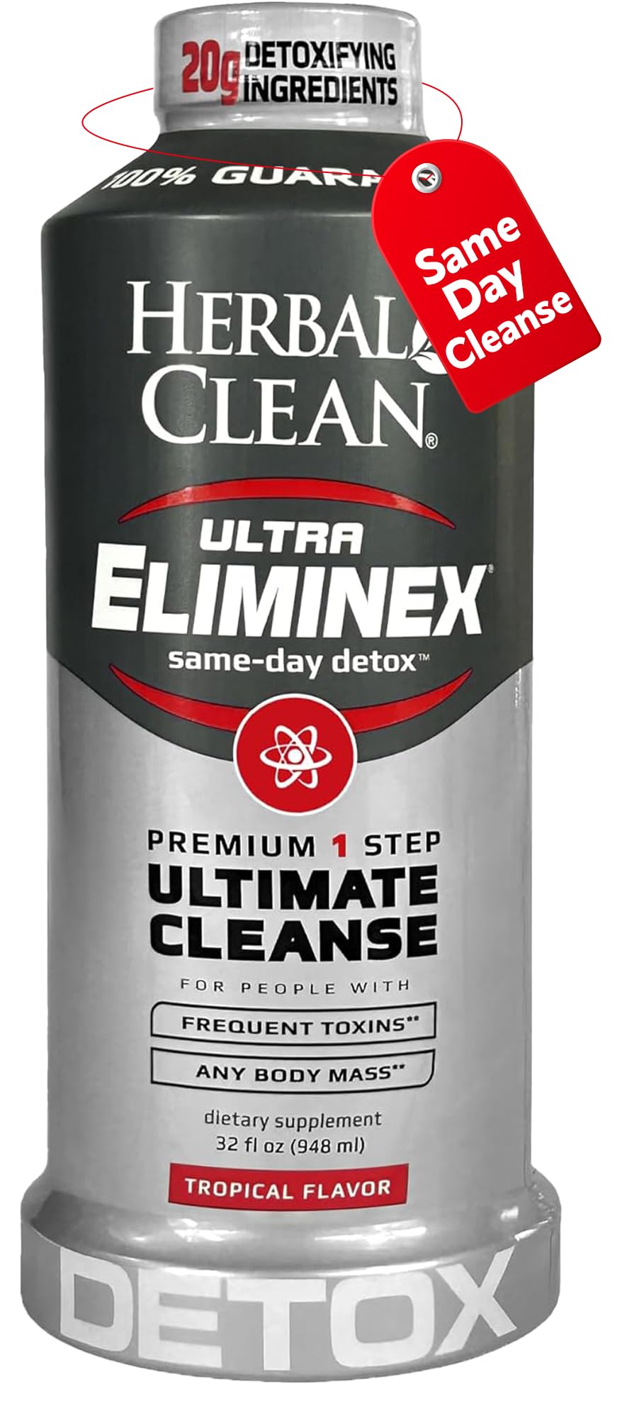 Herbal Clean Same Day Eliminex bottle front with tropical fruit flavor for a refreshing detox ritual