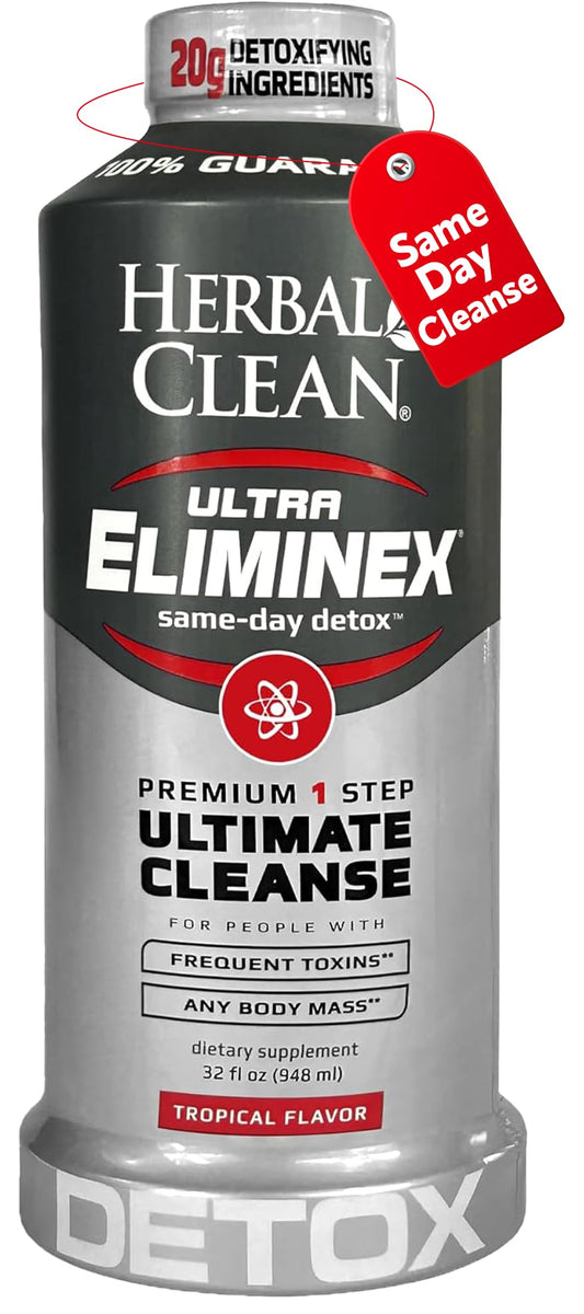 Herbal Clean Same Day Eliminex bottle front with tropical fruit flavor for a refreshing detox ritual