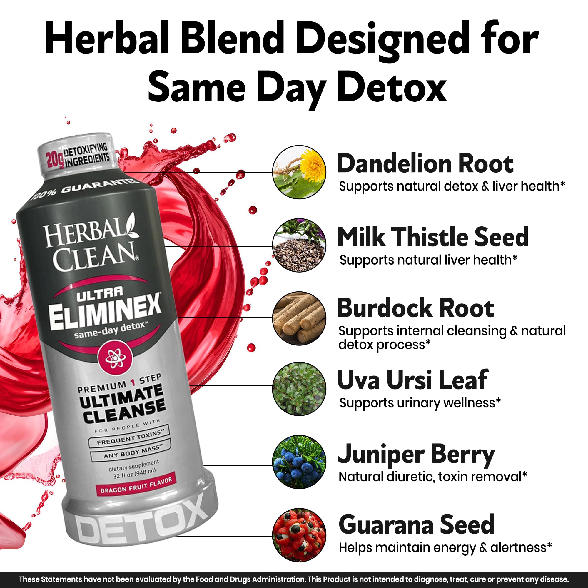 Dragon fruit glass with Herbal Clean bottle evokes refreshing flavor and potential cleansing routine.