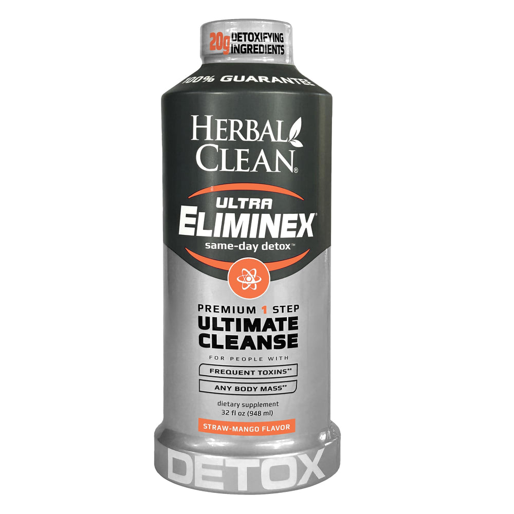 Herbal Clean Eliminex bottle in straw-mango flavor for quick detox support