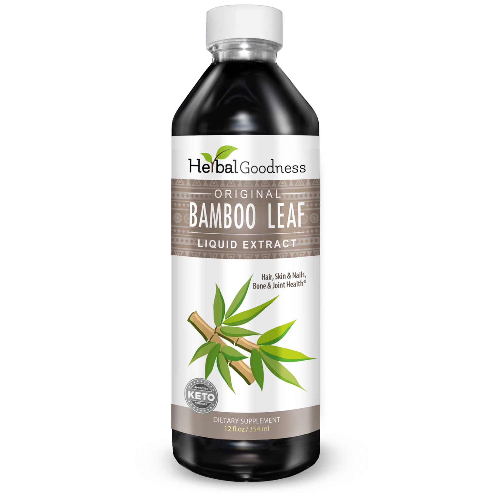 Herbal Goodness bamboo silica bottle closeup for hair and nails support.