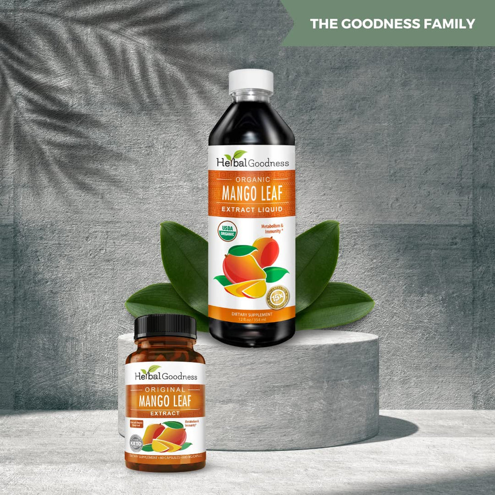 Herbal Goodness Mango Leaf Extract dietary scene on kitchen counter inspires daily use