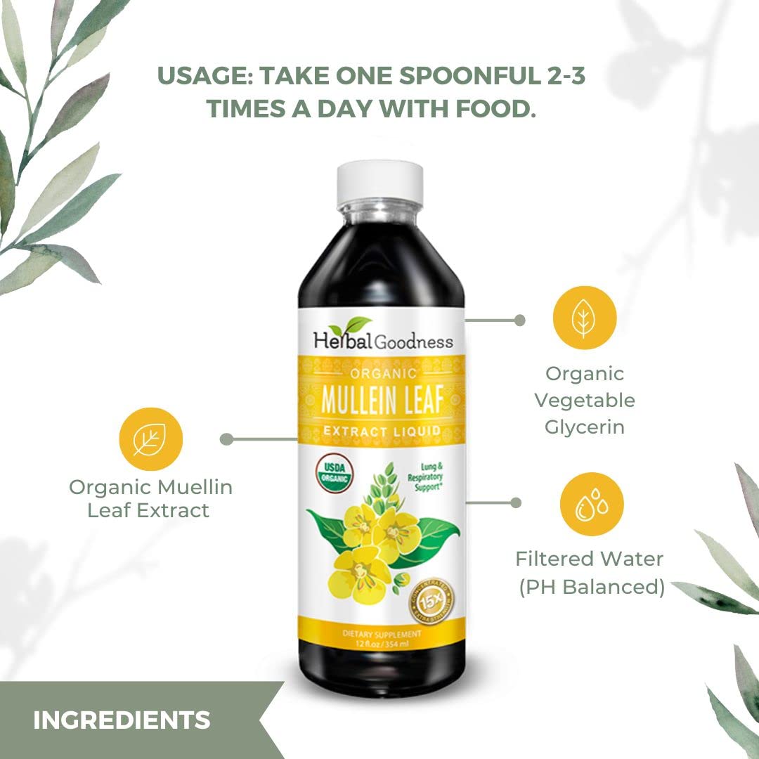 Herbal Goodness Mullein Drops bottle on shelf conveys premium US-made quality.