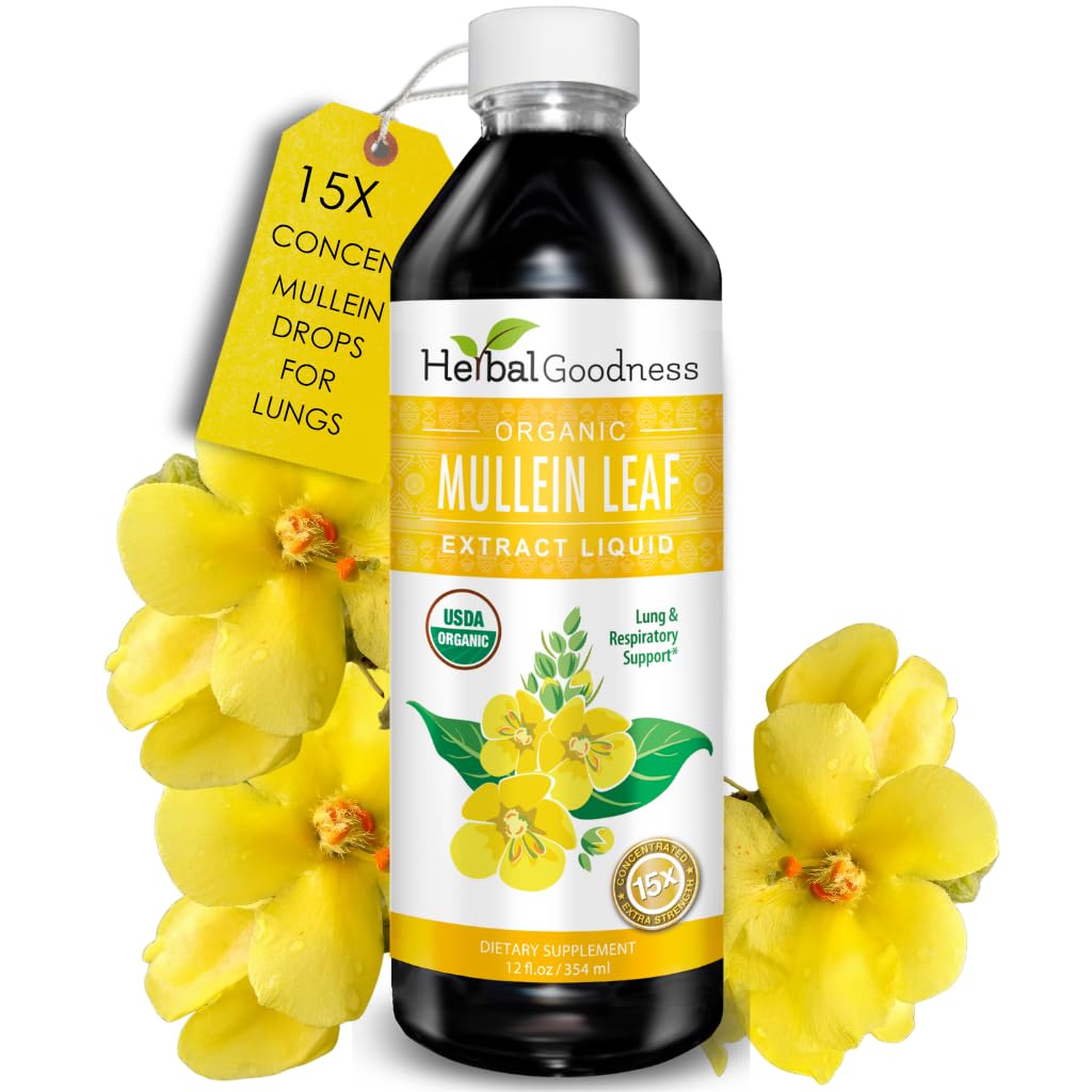 Herbal Goodness Mullein Drops bottle with label indicates natural lung support.