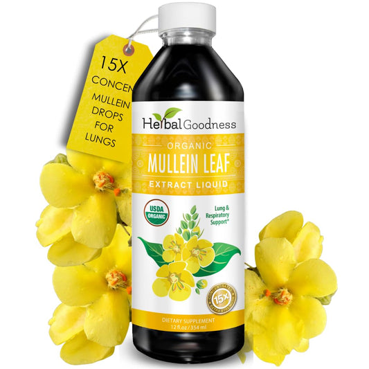 Herbal Goodness Mullein Drops bottle with label indicates natural lung support.