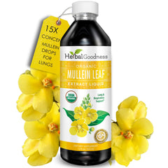 Herbal Goodness Mullein Drops bottle with label indicates natural lung support.